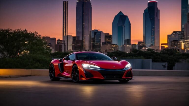 a gleaming car with a flawless, mirror-like finish reflects the vibrant dallas skyline under the golden glow of sunset, showcasing the transformative effects of professional paint correction.